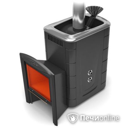 Дровяная банная печь TMF Гейзер 2014 Carbon Витра с теплообменником антрацит в Липецке